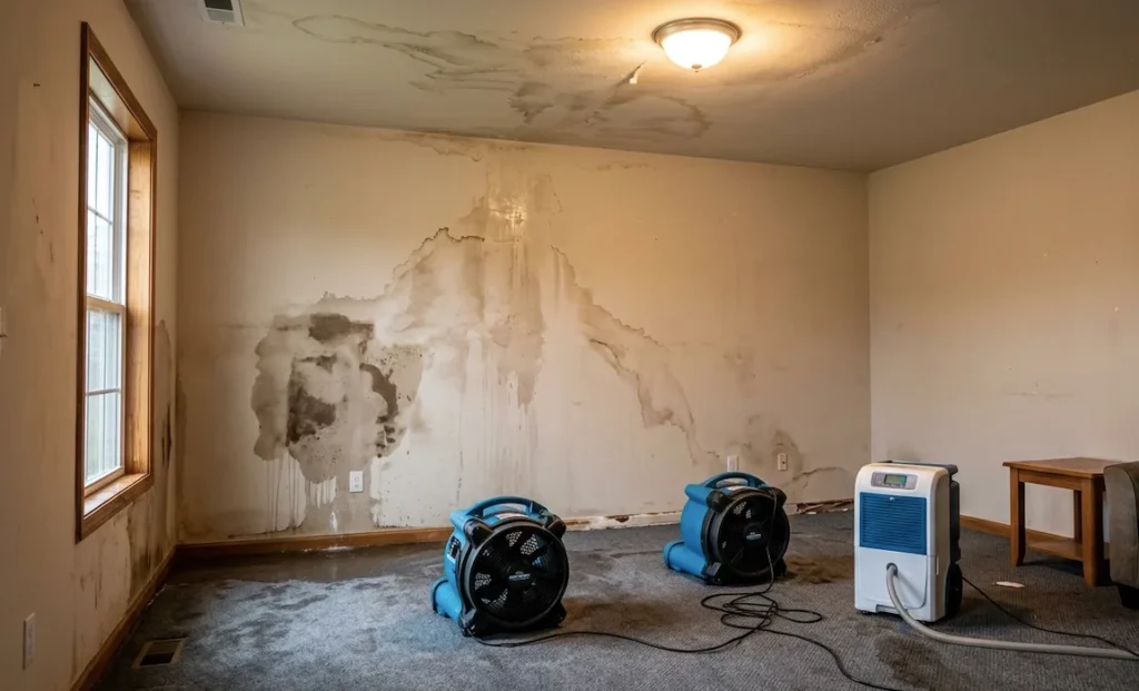 Storm damage water intrusion wall cavity drying restoration